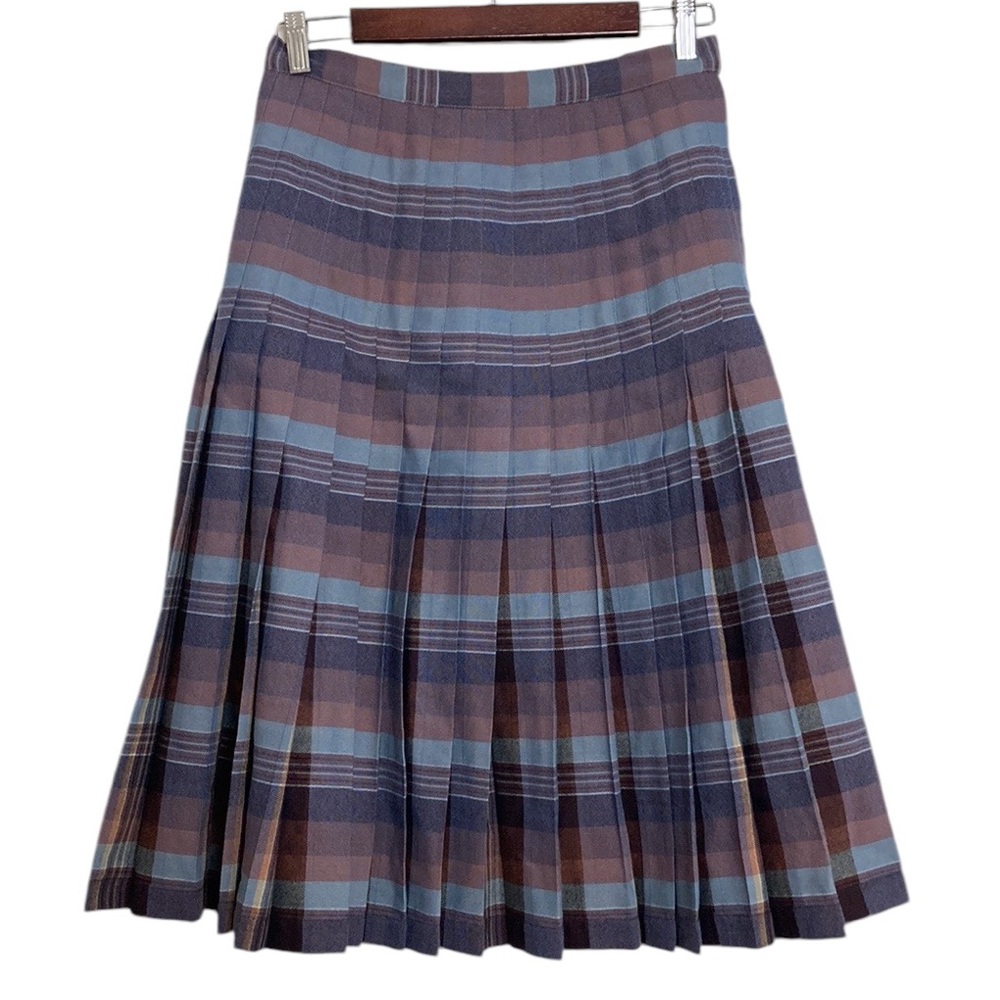 Vintage Skirt Women Small Medium Purple Blue Wool Plaid Reversible Pleated